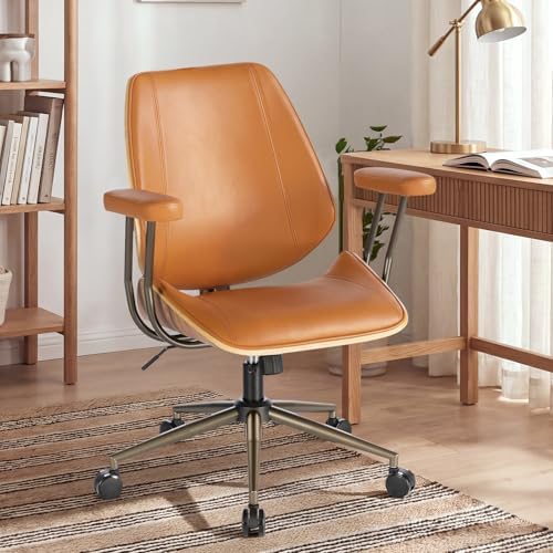 Modern Mid Back Office Chair, Adjustable Swivel Desk Chair with Arms, Brown - Image 2