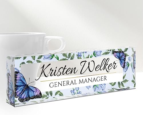 Personalized Office Name Plate for Desk - Custom Employee Appreciation Gifts - Acrylic Desk Name Plate Personalized - Staff Appreciation Gift for Teacher, Coworker, Nurse, Manager (Blue Butterfly) by Gowelly