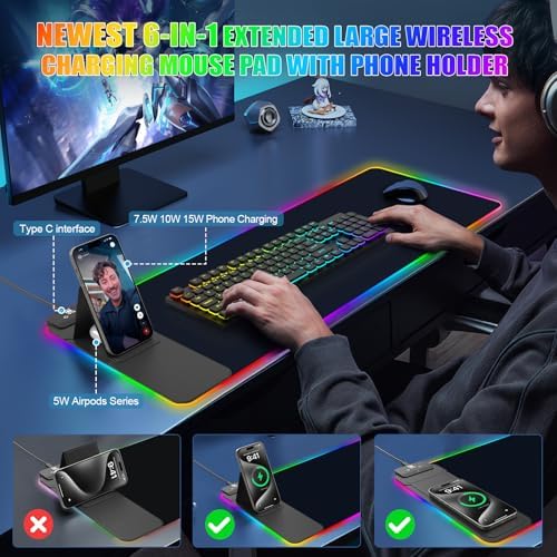 Mouse Pad with Foldable Phone Holder & Wireless Charger, XL RGB Gaming Mousepad 31.5"x11.8" Large Desk Mat for Keyboard, Home Desk Pad with Dual Qi Charging Station | 11 Colors & 5 Modes | Waterproof - Image 3