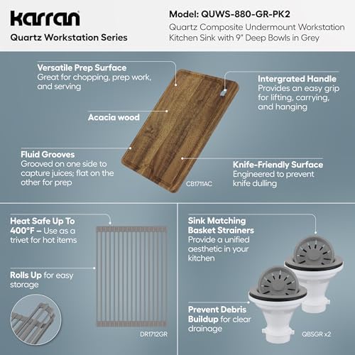 Karran 32.5 Inch Undermount Quartz Composite Workstation Kitchen Sink, 50/50 Double Bowl Low Divide with Color Matched Accessories, Cutting Board, Drying Mat, Colander & Strainers Grey - Image 5