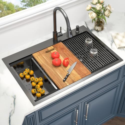 33 x 22 Black Kitchen Sink Drop In Stainless Double Bowl Workstation - Image 2