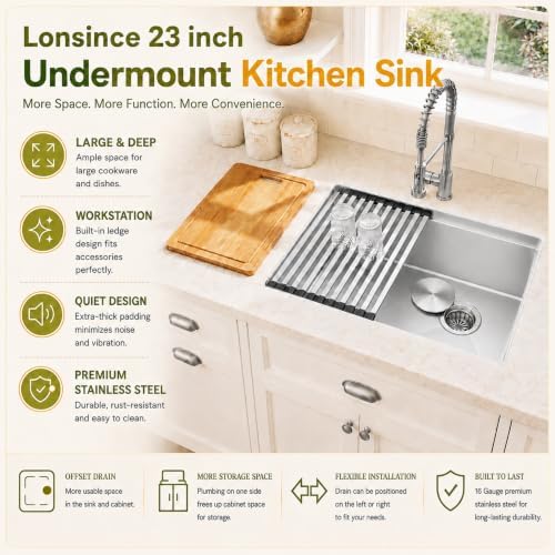 23" X 18" Undermount Kitchen Sink Offset Drain with Workstation - Image 4