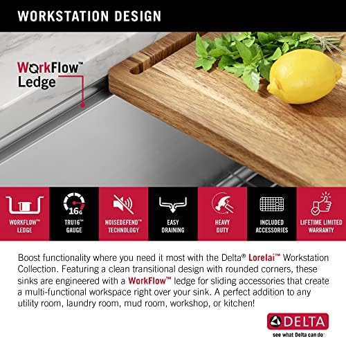 DELTA FAUCET Lorelai 24-inch Workstation Laundry Utility Kitchen Sink Undermount 16 Gauge Stainless Steel Single Bowl with WorkFlow Ledge and a Kit of 5 Accessories, 95B9132-24SL-SS - Image 5