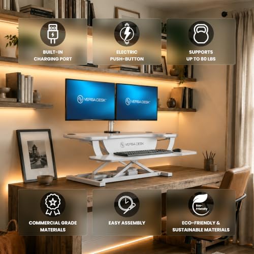 VERSADESK PowerPro 48 Inch Electric Standing Desk Converter – Push-Button Height Adjustable Sit to Stand Desk Riser for Multiple Monitors – Motorized Desktop Workstation with Wide Keyboard Tray, White - Image 3