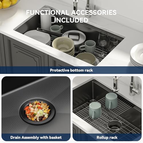 Lordear 33x19 Inch Black Kitchen Sink Undermount Honeycomb Nano Finish 16 Gauge T304 Stainless Steel Single Bowl Workstation Sink with Cutting Boards Handmade - Image 4
