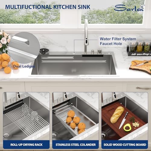 Sarlai 33 Waterfall Kitchen Sink 33"x22" Drop In Workstation Sink Topmount - Image 4