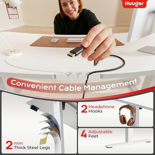 Huuger 47 X 24 Inch Electric Standing Desk with Power Outlets and USB-C Port, Height Adjustable Desk, Sit Stand Desk for Home Office, Computer & Gaming Desk with 3 Presets, Stable Steel Frame, White - Image 6