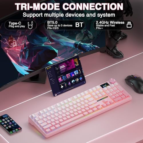 AULA F108 PRO - Wireless Mechanical Keyboard with Screen & Knob,Full Size Keyboard with 8000mAh Battery,Pre-lubed Switches,Side Printed PBT Keycaps,RGB Backlit Hot Swappable Custom Pink Keyboards - Image 4
