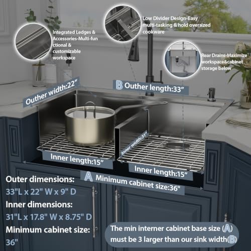 33 x 22 Black Kitchen Sink Drop In Double Bowl Stainless 50/50 Low Divide - Image 7