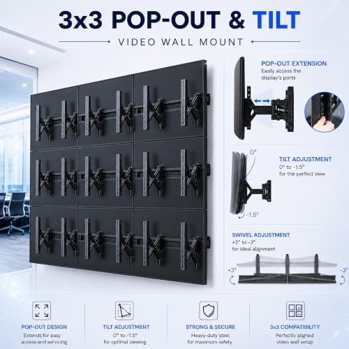 J-Tech Digital 3x3 TV Wall Mount Kit, Fits 9 Screens 37” – 65”with Adjustable Tilt, Leveling and Pop Out Arms, Wide VESA Patterns up to 600x400 [JTECH-VMM-KIT33] - Image 4