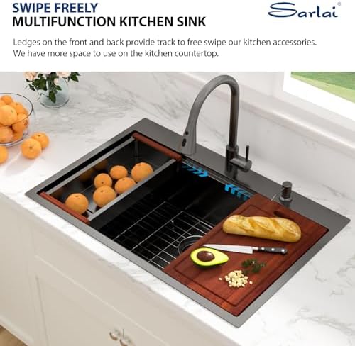 Sarlai 33 Black Kitchen Sink with Faucet- 33x22 Inch Drop In Kitchen Sink Gunmetal Black Ledge Workstation Sinks 16 Gauge Stainless Steel Single Bowl Topmount Sinks Basin with Pull-out Faucet - Image 5