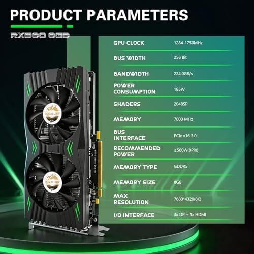 SURALLOW RX 580 Graphics Card 8GB 2048SP, GDDR5, 256 Bit, Pc Gaming Video Card, 3*DP, HDMI, PCI Express 3.0 with Freeze Fan Stop for Desktop Computer GPU for Gaming PC - Image 2