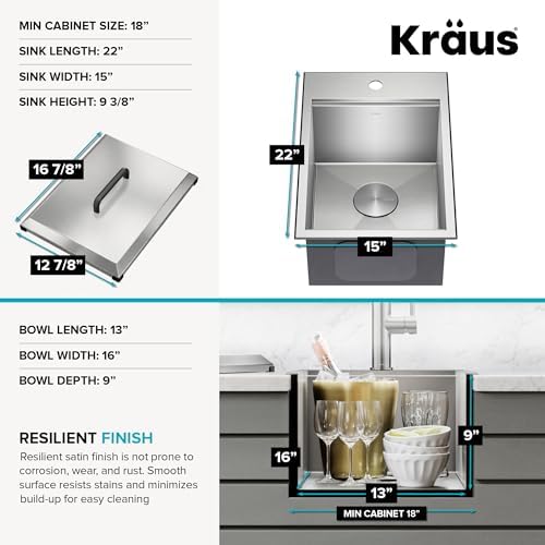 KRAUS Kore 15-inch Outdoor Drop In/Top Mount 16-Gauge Marine Grade T-316 Stainless Steel Single Bowl Workstation Kitchen Sink with Outdoor Sink Cover, KCA-1801 - Image 3