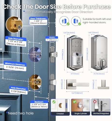 Veise VE027-L WiFi Smart Lock with Handles Set for Front Door, Satin Nickel - Image 6