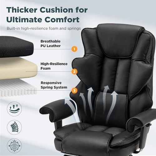 HOMREST Ergonomic Executive Chair with 6-Point Vibration & Heat, Reclining PU Leather Big & Tall Desk Chair, Retractable Footrest & Adjustable Armrest for Home Office Gaming Study, Black - Image 6