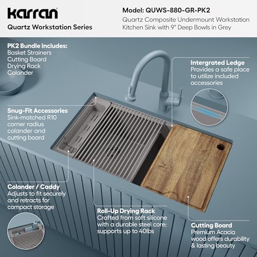 Karran 32.5 Inch Undermount Quartz Composite Workstation Kitchen Sink, 50/50 Double Bowl Low Divide with Color Matched Accessories, Cutting Board, Drying Mat, Colander & Strainers Grey - Image 3