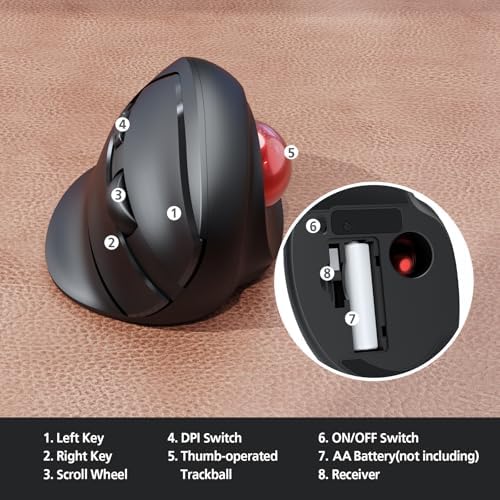 MicroPack Trackball Wireless Mouse, Upgrade Right Hand Ergonomic Mouse with Wireless Vertical Rollerball Computer Mouse, 3 Adjustable DPI, Easy Thumb Control for PC, Laptop, Mac, Windows - Black - Image 4
