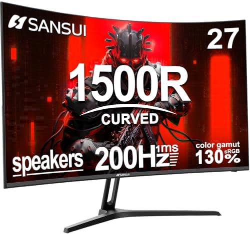 SANSUI 27 Inch Curved Gaming Monitor 200Hz 1ms with Speakers FHD 1080P Computer Monitor FreeSync|1500R|130% sRGB|HDR|Low Blue Light|HDMI DP Ports|VESA Mount|Metal Stand(HDMI Cable Incl.) by SANSUI