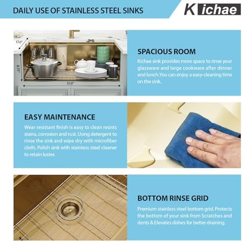 Kichae 33 Undermount Kitchen Sink Gold Stainless Steel 16 Gauge Workstation - Image 4