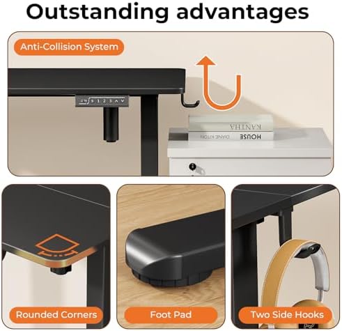 40" Electric Standing Desk, Black Standing Desk with 2 Hooks - Image 6