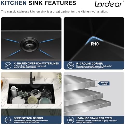 Lordear 32x19 Matte Black Undermount Kitchen Sink - T304 16 Gauge 32 Inch Undermount Kitchen SInk Black Workstation Stainless Steel Single Bowl Handmade 32x19x10 Inch - Image 5