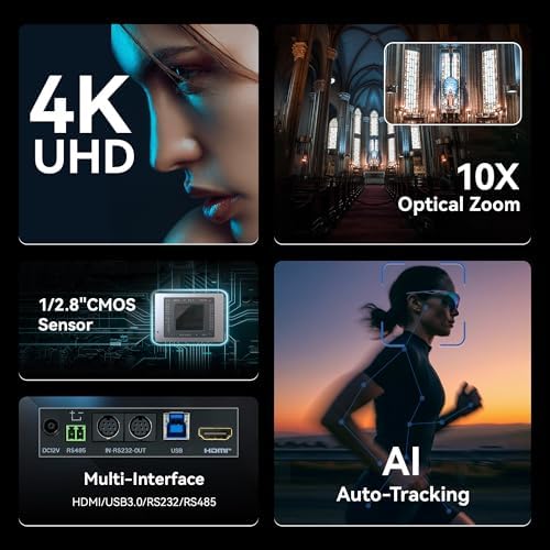 TONGVEO AI 4K PTZ Camera with Auto Tracking, 10X Optical Zoom Video Conferencing Camera, HDMI & USB 3.0 Plug and Play Webcam for Zoom, Teams, Church Worship, Live Streaming, Education - Image 3