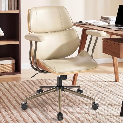 Mid Century Walnut Bentwood PU Leather Office Chair with Arms, Beige by BERYTH