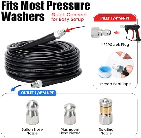 Sewer Jetter Kit for Pressure Washer 50 FT, Drain Cleaning Hose with Short Gun, 1/4" NPT, Rotating, Button Nose & Corner Nozzles, High Pressure Pipe Cleaner for Sewer and Drain Cleaning - Image 7