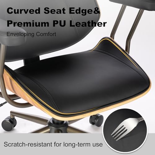 Mid Century Walnut Bentwood PU Leather Office Chair with Arms, Black - Image 7