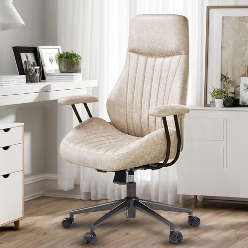 High Back Home Office Chair, Mid Century Vintage Executive Chair,Comfy Ergonomic Rolling Office Task Chair with Lumbar Support, Faux Leather Office Chair,Beige by Eco-ChicLivingBeautifullyAffordable