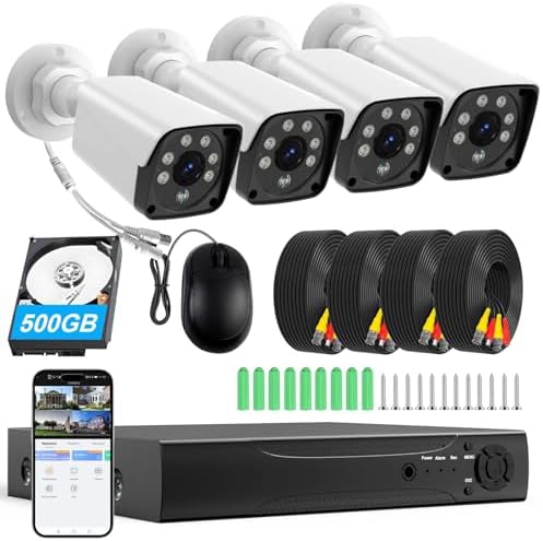 H.265+ Wired Security Camera DVR Kit System with AI Human Vehicle Detection, 4X 1920P 5MP IP67 Metallic Indoor/Outdoor Cameras IR Night Vision, 4K NVR 500GB HDD Included for 24/7 Recording by KTKTVE