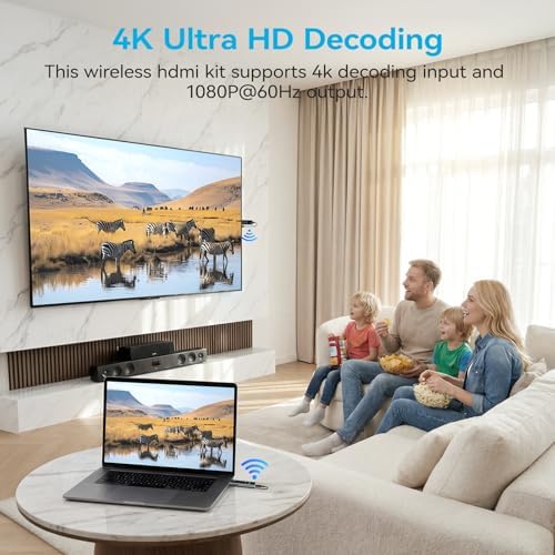 2026 New Wireless HDMI Transmitter and Receiver, 360FT/110M Extender 4K Decode 1080P@60Hz Output with LED Display, Plug&Play 5.8+2.4G Streaming Video/Audio from PC/Laptop/TV Box to Monitor - Image 6