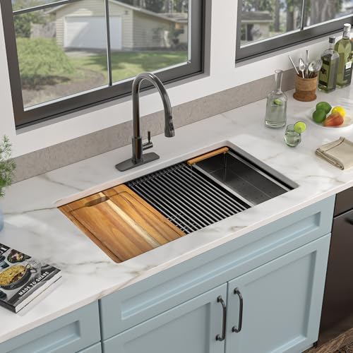 30"x19" Gunmetal Black Undermount Kitchen Sink Ledge Workstation - Image 2