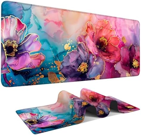 Large Mouse Pad, Floral Ink Desk Mat, Extended Gaming Mouse Pad with Non-Slip Rubber Base, Thick 3mm Smooth Surface Keyboard Mat for Office & Home，35.5 x 15.8 in by THISFIND