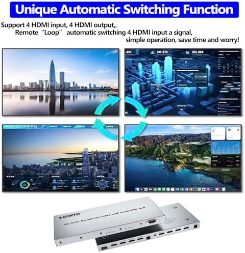 4k Video Wall Controller 4X4 Matrix Switch Splitter 4 HDMI in 4 HDMI Out Switcher 3.5mm Output Audio Support Auto Switching IR Remote RS232 180° flip 12 Splicing Modes 2x2 1x2 1x3 1x4 2x1 3x1 4x1 etc - Image 6