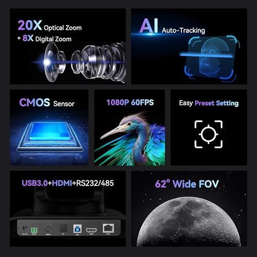 Tenveo 20X Optical Zoom PTZ Camera with AI Auto-Tracking, USB 3.0/HDMI, FHD 1080P60 for Video Conferencing, Live Streaming, Church, Education, Zoom, Teams & OBS - Image 2
