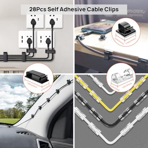Cable Management Kit - 4 Cable Sleeve, 57 Self Adhesive Cable Clips, 12 Hanging Strips, 12 Cable Organizer Straps and 100 Fastening Cable Ties for TV Computer Under Desk (Black and White) - Image 4