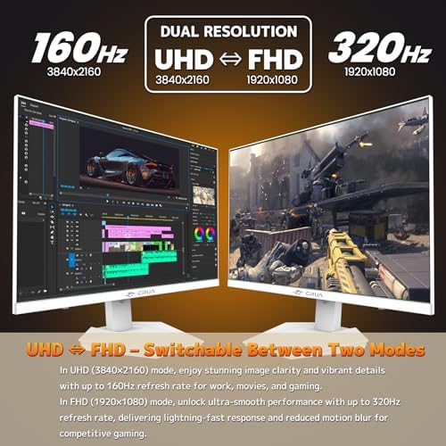 CRUA 27 Inch Dual Mode Gaming Monitor, 4K 160Hz / FHD 320Hz IPS White - Image 3