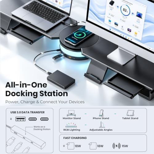 Dual Monitor Stand Riser with USB Hub, 15W Wireless Charging & RGB - Image 2