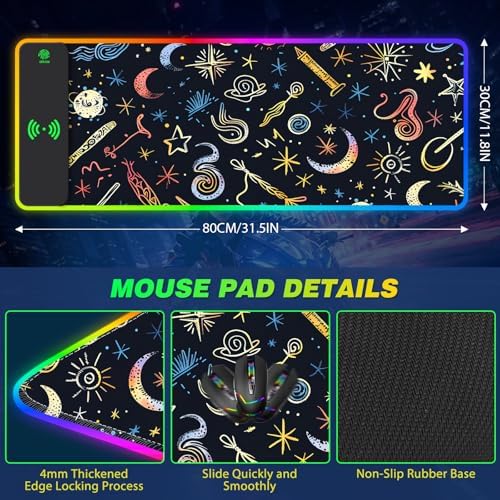 AIMSA RGB Gaming Mouse Pad with Wireless Charging, Large Keyboard Mouse Pad with 14 LED Light Modes, Non-Slip Rubber Base Waterproof Desk Pad for Home Office Decor, Abstract Moon Stars - Image 7