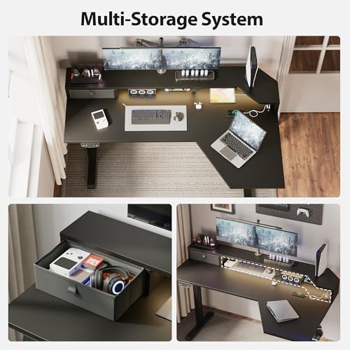 Agilestic 63*35 Inch L Shaped Standing Desk with Shelf & Led& Outlet, Black - Image 4
