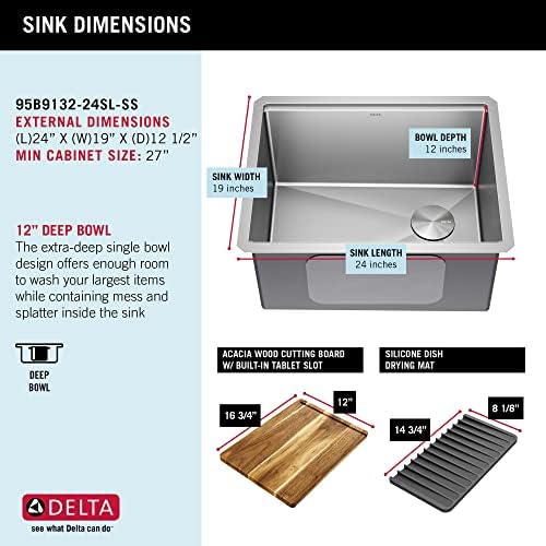 DELTA FAUCET Lorelai 24-inch Workstation Laundry Utility Kitchen Sink Undermount 16 Gauge Stainless Steel Single Bowl with WorkFlow Ledge and a Kit of 5 Accessories, 95B9132-24SL-SS - Image 6