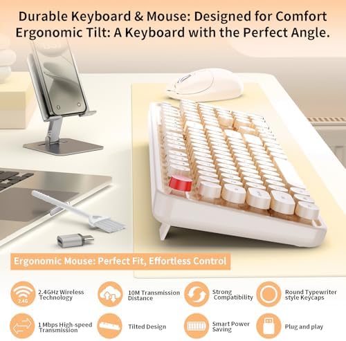 Wireless Keyboard Mouse, MOFII 104 Keys Cute Retro Typewriter Coffee - Image 2
