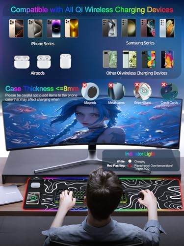 XXL Mouse Pad with Phone Holder - Black, RGB Desk Mat with 15W Fast Charging, LED Gaming Mousepad with 11 Light Colors, Waterproof Non-Slip Pad for Office & Home (Topographic) - Image 3