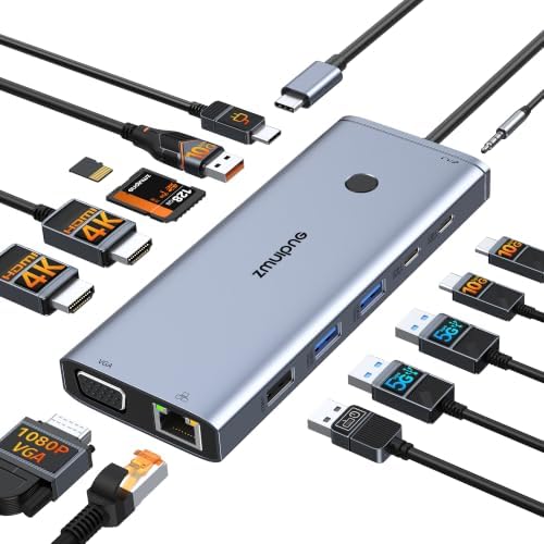 USB C Docking Station Dual Monitor HDMI for Dell HP, Laptop Docking Station USB Type C Hub Multiport Adapter Dongle Thunderbolt 3 USB-C to 2 HDMI,Ethernet,VGA,4 USB,PD,SD/TF,Audio for Lenovo,Surface by ZMUIPNG
