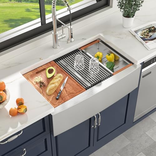 Lordear 33 Inch Stainless Steel Farmhouse Sink 16 Gauge T304 Double Bowl Kitchen Sink Workstation Apron Front Low Divide 50/50 Double Kitchen Farm Sinks 33X22X10 Inch - Image 2