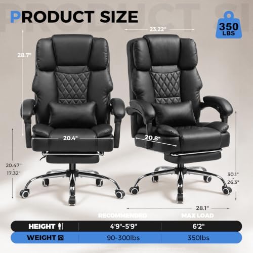 GTPLAYER Executive Office Chair Big and Tall Leather Gaming Chair with Pocket Spring Cushion & Ergonomic Lumbar Support for Lower Back Pain Relief, Comfy Desk Chair with Footrest, Black - Image 2