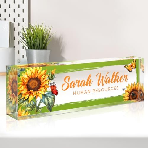 Name Plate for Desk, Desk Name Plate Personalized, Office Decor for Women Men, Acrylic Desktop Accessories, Office Appreciation Gifts for Boss Social Workers Nurse Teacher Employee (Sunflowers) by Spricoz