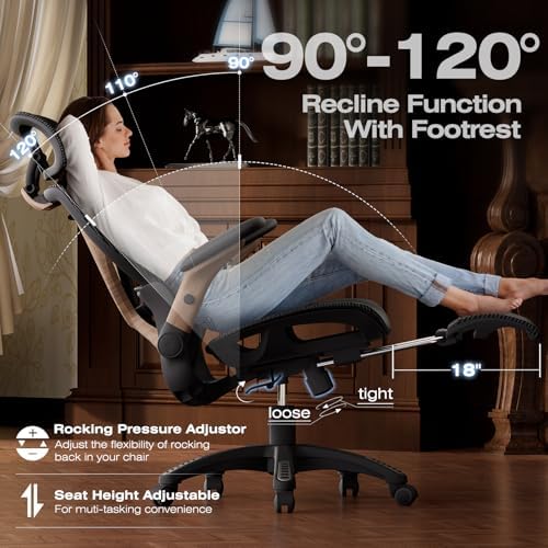 ELABEST X100 Ergonomic Mesh Office Chair with Footrest, Big and Tall Home Desk Chair with 5D Flip-Up Arms, Adjustable 3D Lumbar Support, Gaming & Executive Computer Chair (Library Oak) - Image 7