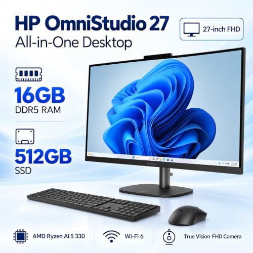 HP OmniStudio 27" FHD All-in-One Desktop for Home Office, 32GB DDR5, 1TB SSD, AMD Ryzen AI 5 330 AI-Enhanced CPU, Multi-cores, Up to 4.5GHz | True Vision FHD Camera, WiFi 6, 20Gbps USB-C Ports - Image 3